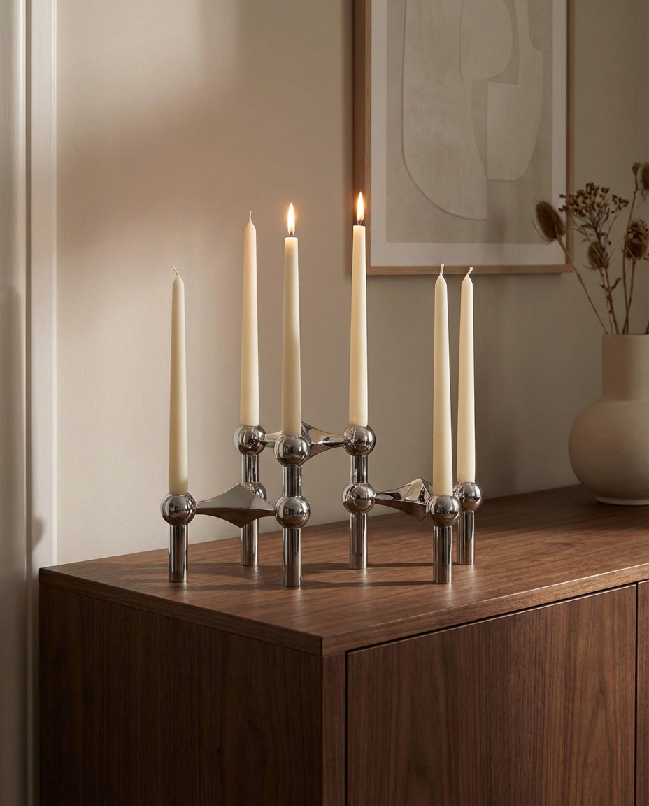 Candle holder with lit candles on a wooden surface in a room setting