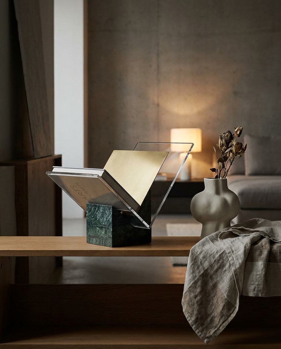 Modern interior with a wooden table, decorative vase, and books.