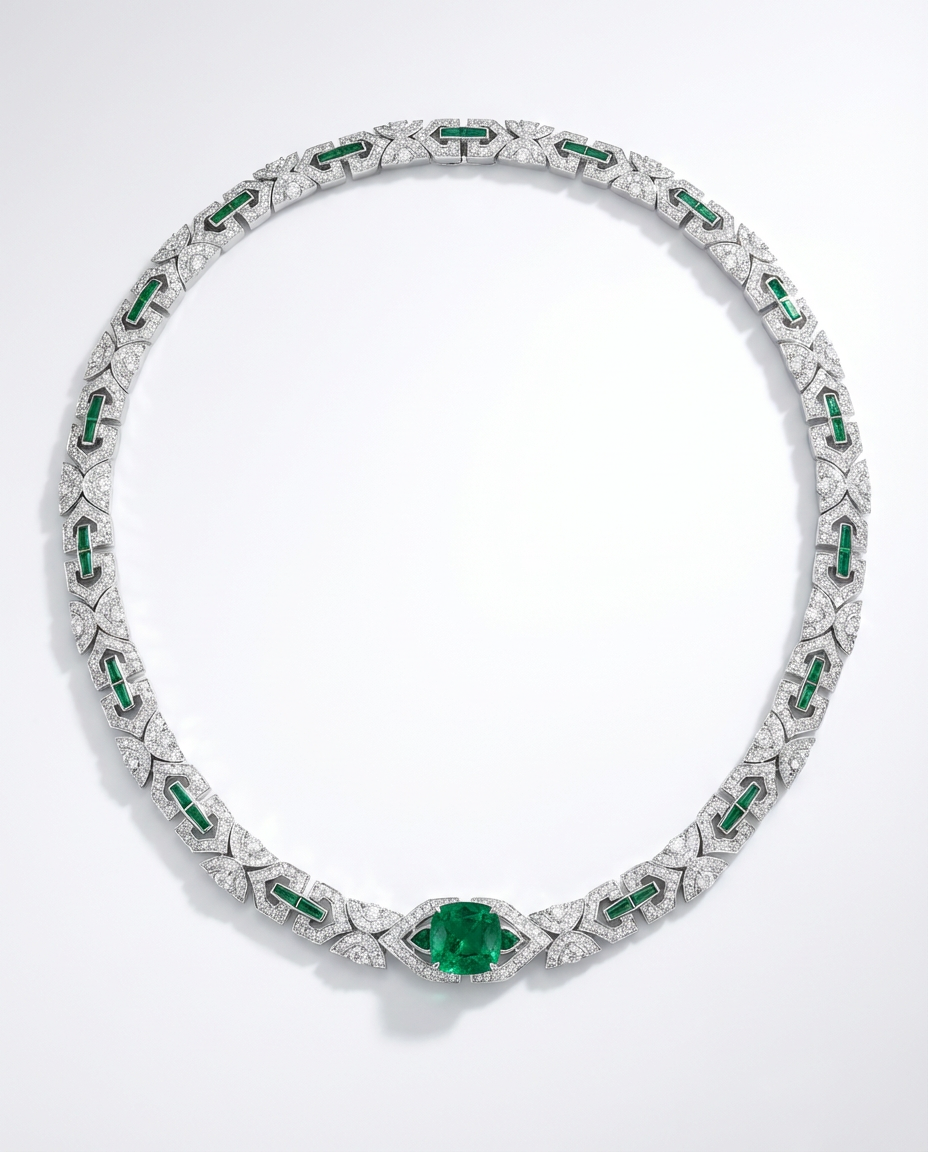 Elegant necklace with emeralds and diamonds on a white background