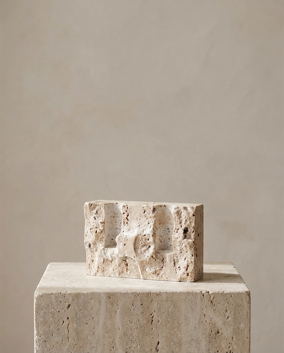 Decorative stone block on a matching pedestal against a neutral background