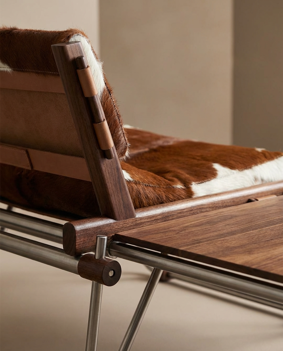 Wooden chair with cowhide cushion on a neutral background