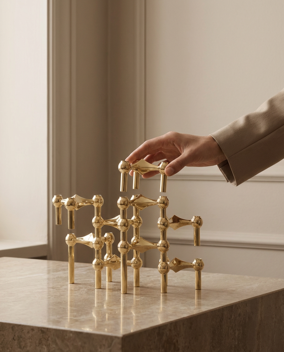 Gold abstract sculpture on a marble surface with a hand reaching towards it