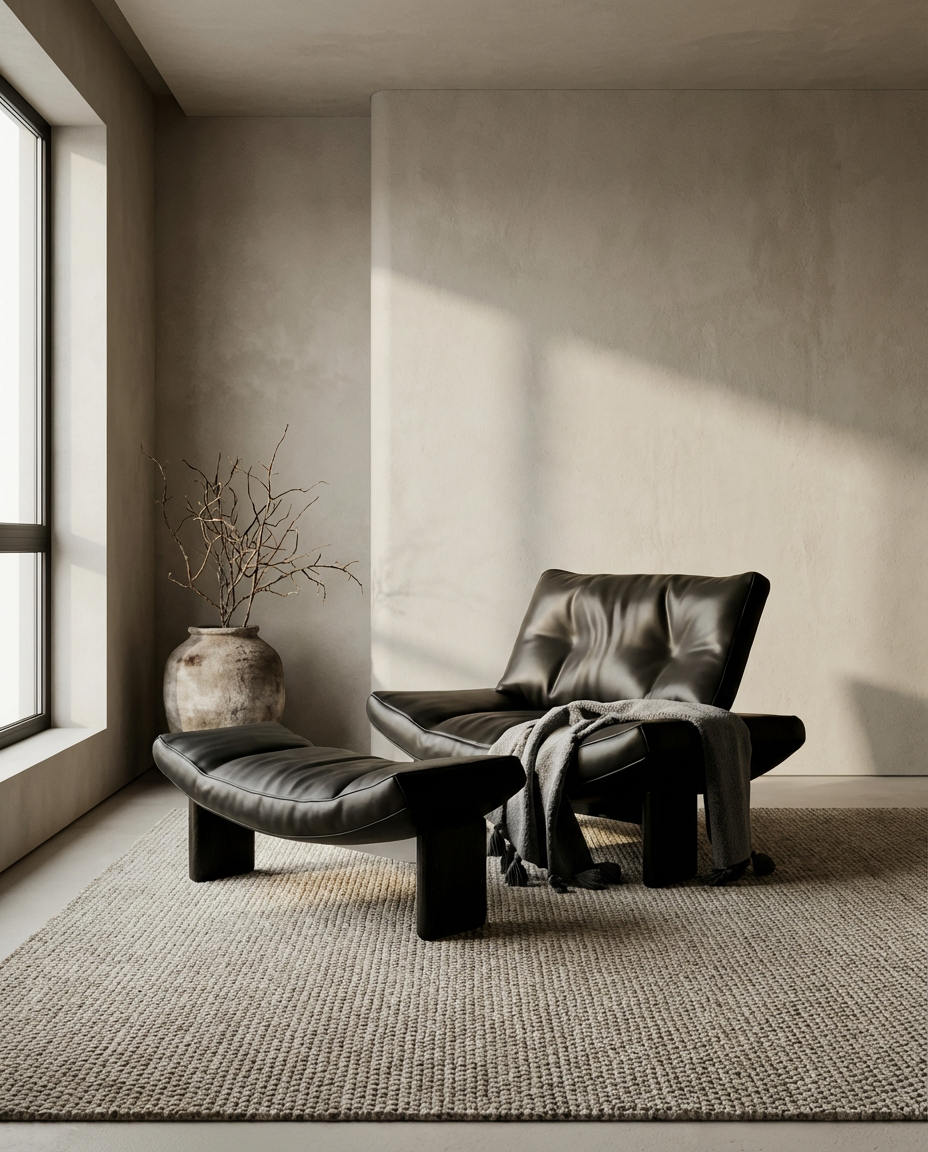 Modern black leather armchair and ottoman in a minimalistic room with natural light.