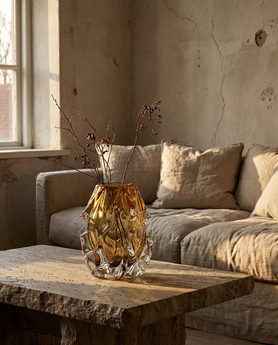 Amber glass vase with branches on a wooden table in a room with beige sofa and textured walls.