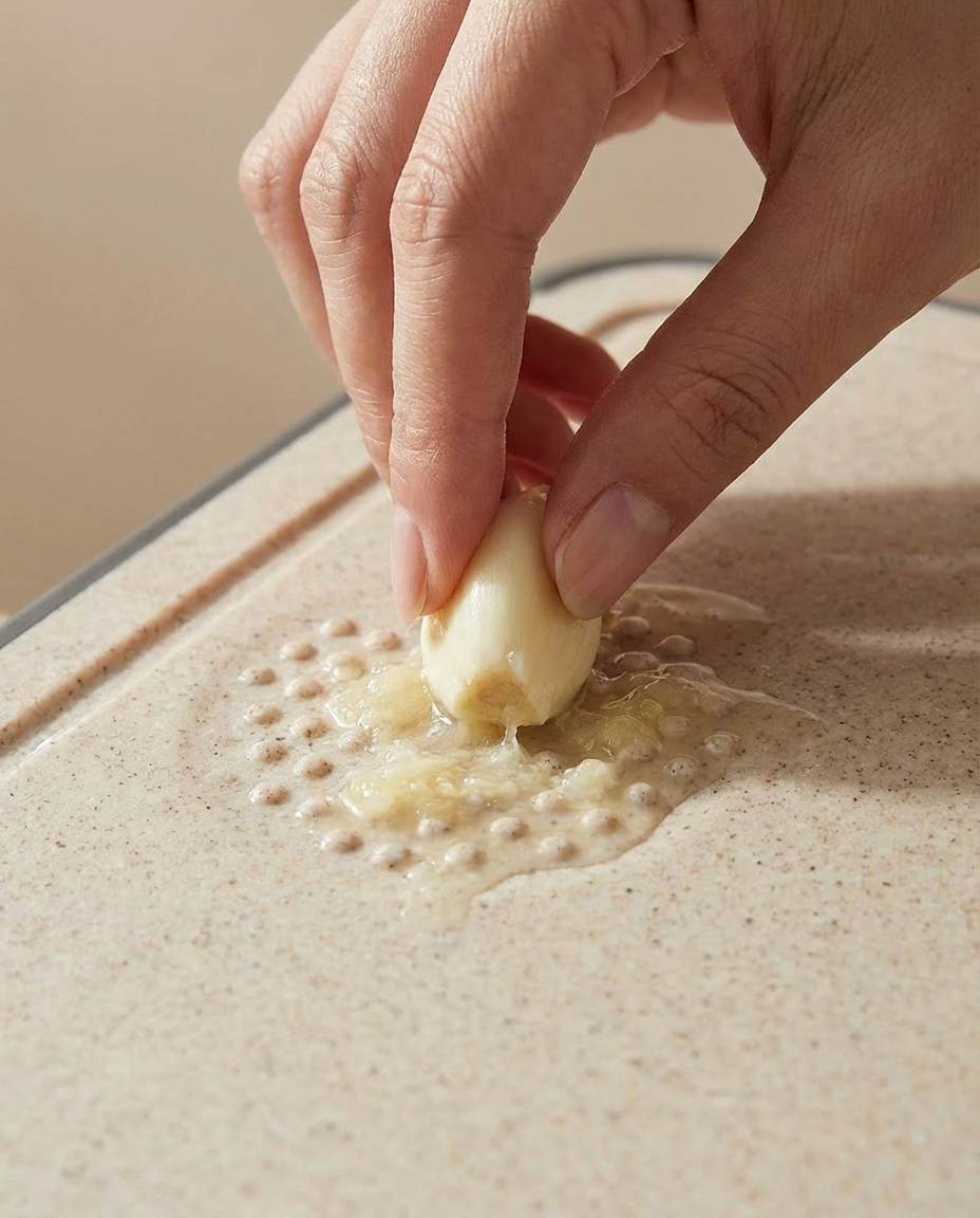 Hand peeling a garlic clove on a textured surface
