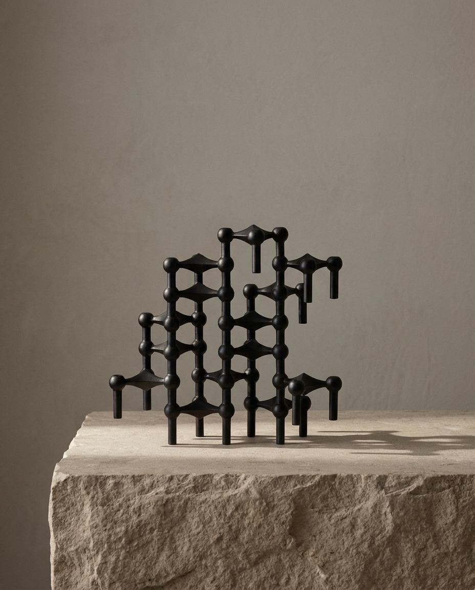 Black metal sculpture on a stone pedestal against a beige wall