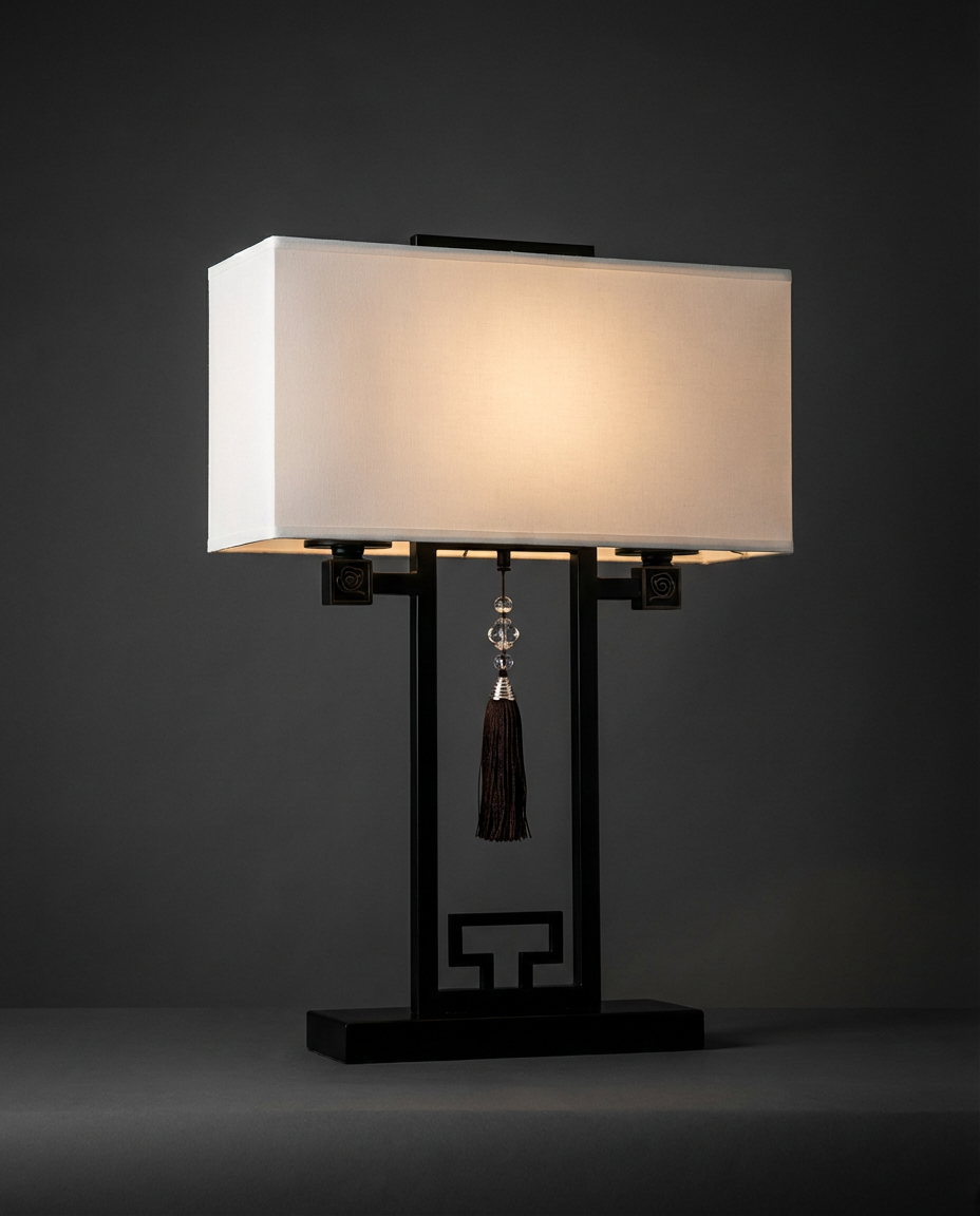 Table lamp with a white shade and black base on a dark background