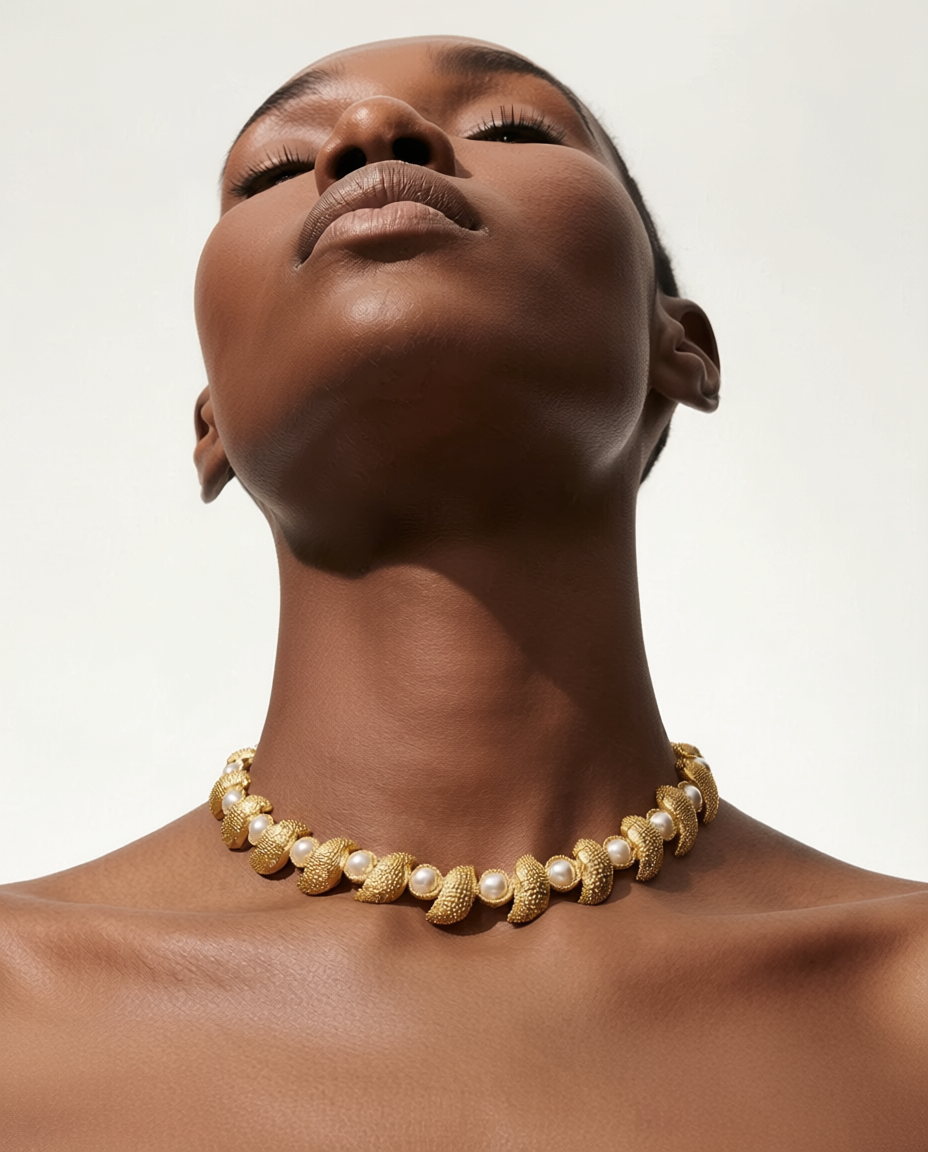 Woman wearing a gold and pearl necklace against a neutral background