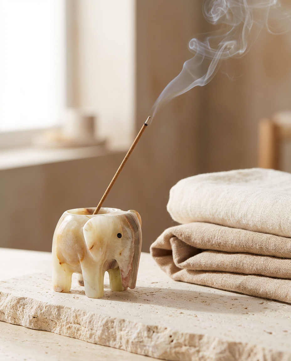Elephant-shaped incense holder with a smoking incense stick on a wooden surface.