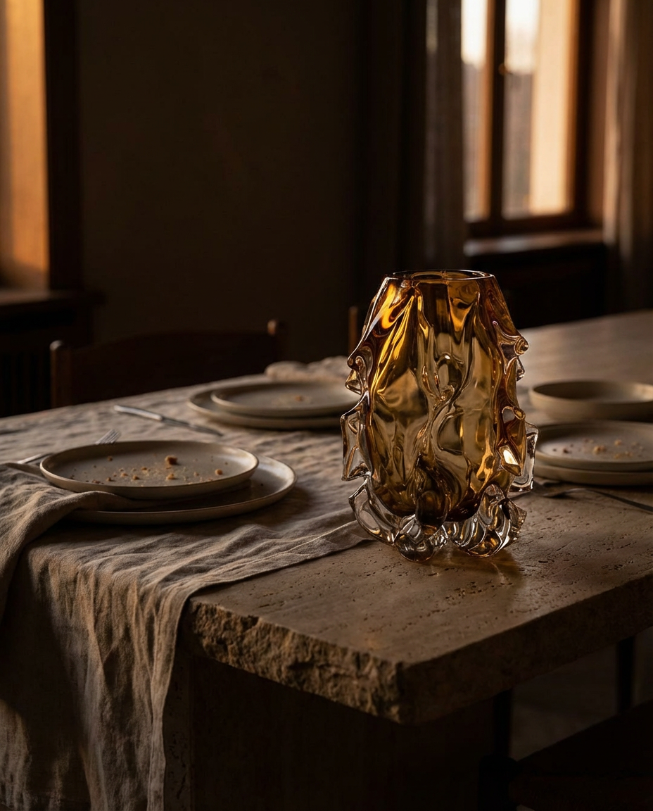 Amber glass vase on a rustic wooden table with plates and a cloth.