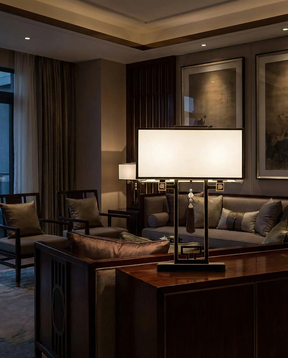 Modern living room with a large lamp on a wooden table, sofa, and chairs.