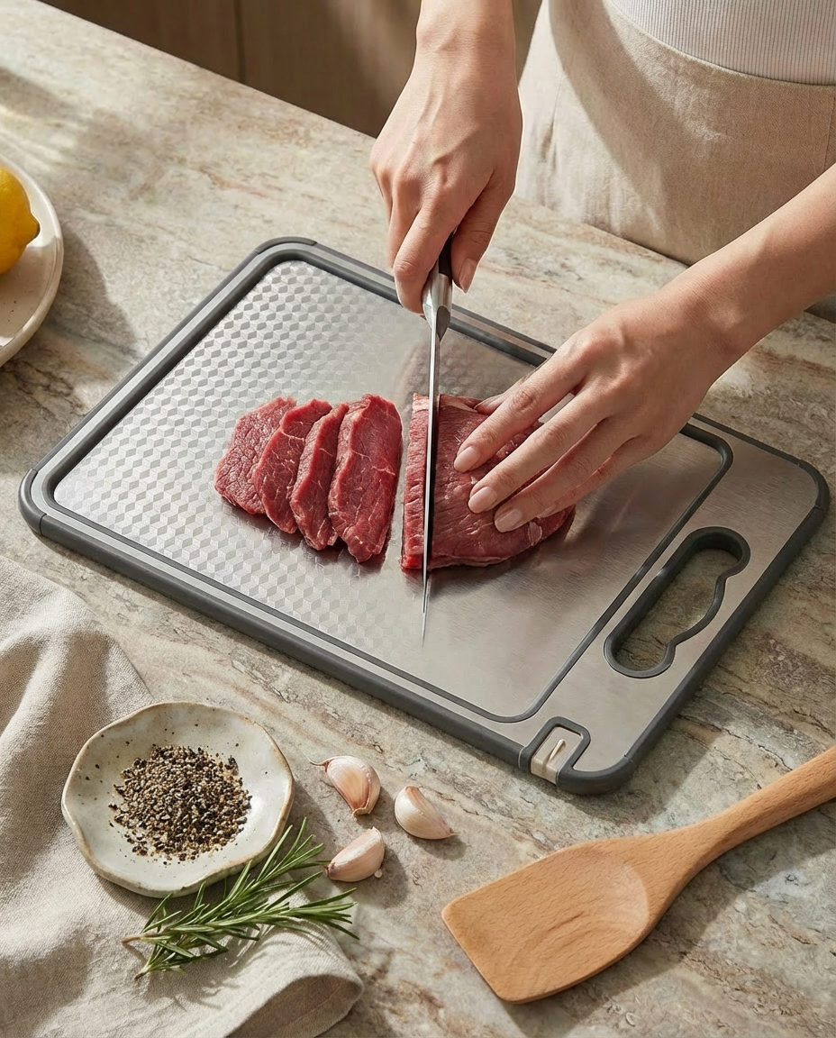 Person cutting meat on antibacterial chopping board with kitchen items around