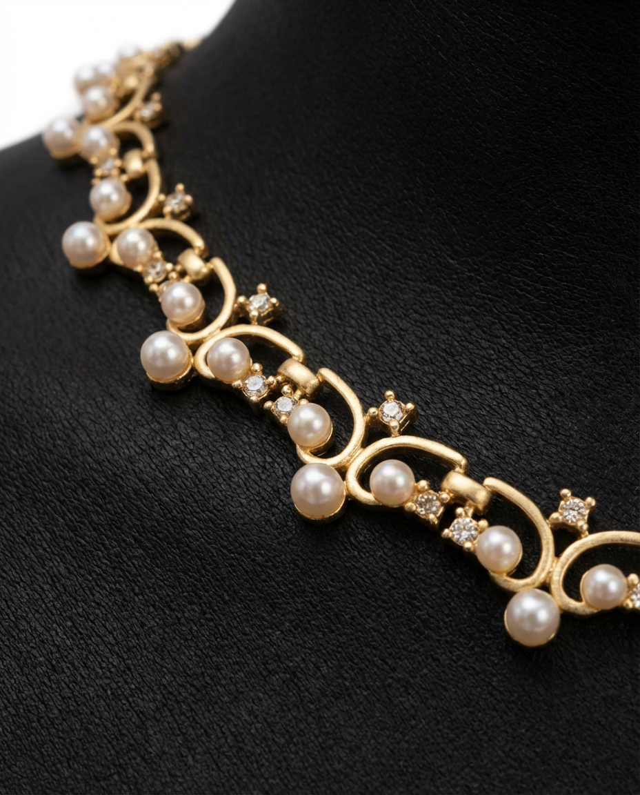 Gold necklace with pearls on a black background