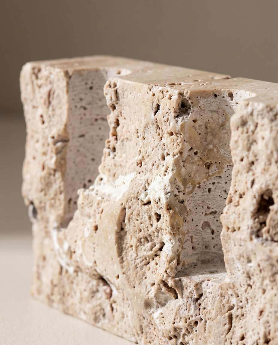 Close-up of a textured stone block with a neutral background
