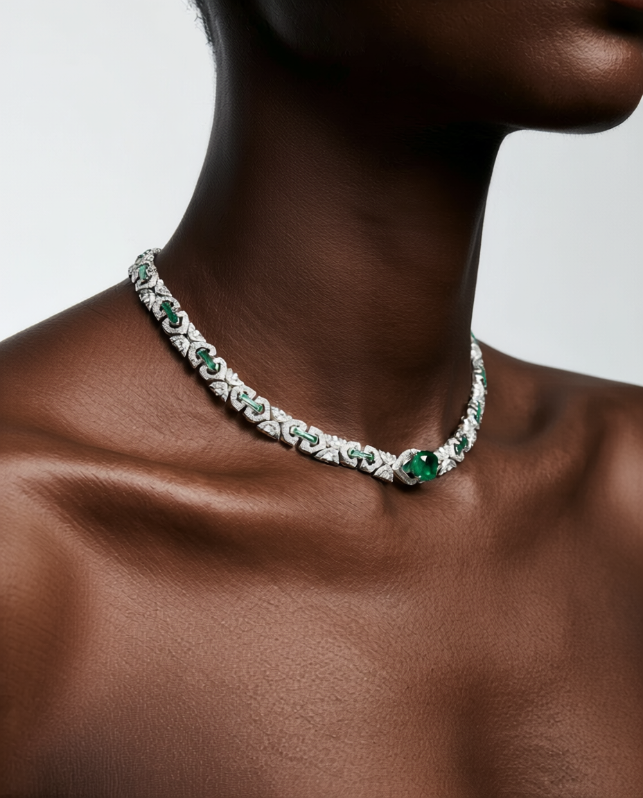 Necklace with green gemstones on a model against a neutral background