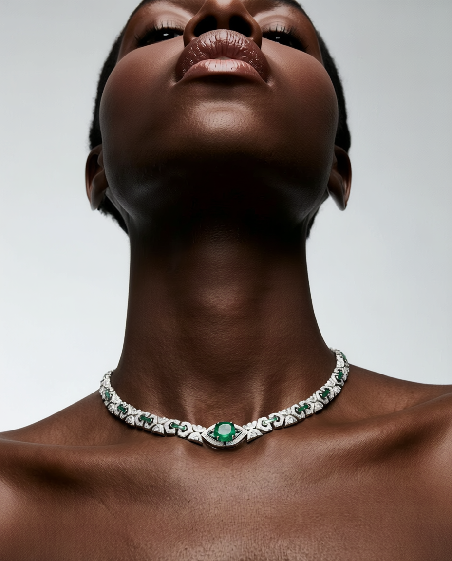 Close-up of a woman wearing a necklace with a green gemstone on a neutral background
