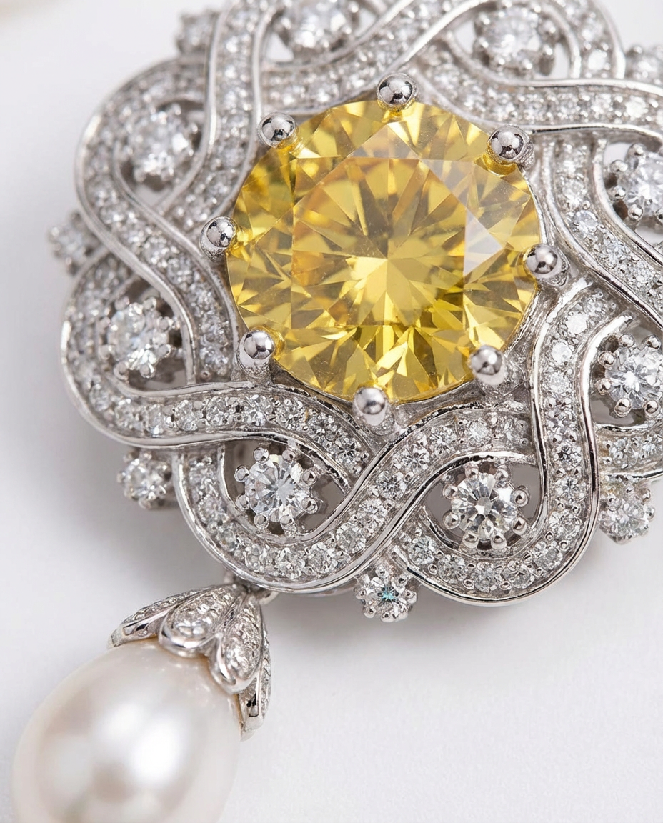 Elegant jewelry piece with a yellow gemstone and pearl on a white background