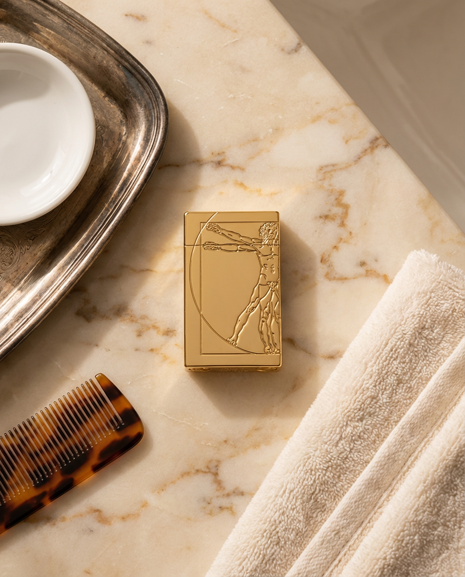 Gold rectangular object with artistic design on a marble surface with a comb and towel.
