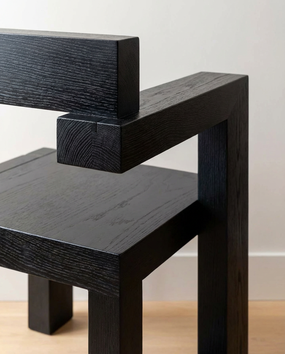 Black wooden chair with a minimalist design on a light wood floor.