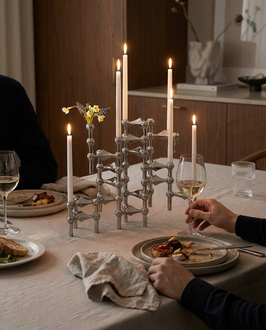 Dining table setting with candlelit candelabra, plates of food, and people enjoying a meal.