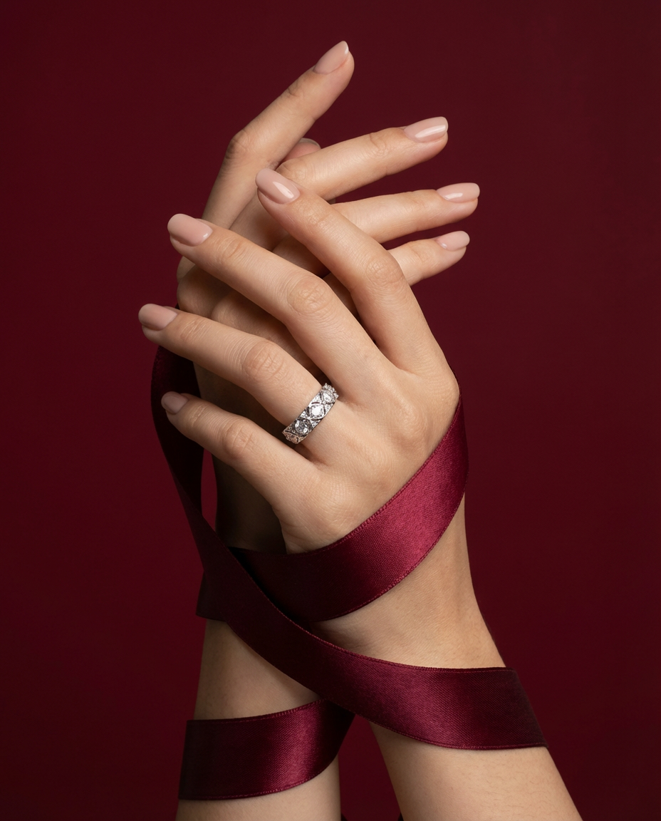 Hand with diamond ring holding a burgundy ribbon against a red background