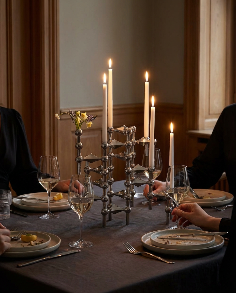 Dining table setting with candles and a candelabra in a warm, dimly lit room.