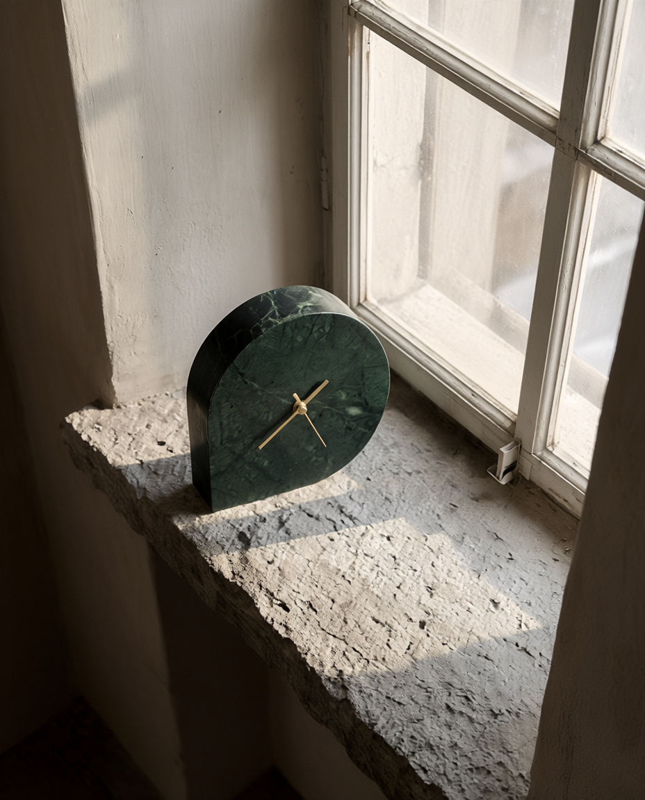 Green clock on a stone surface with a window in the background