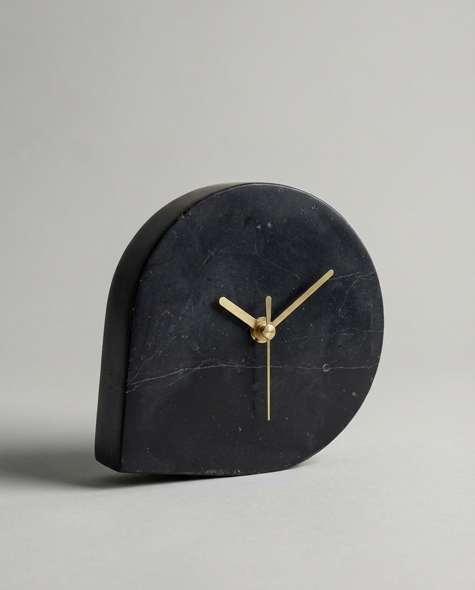 Black clock with gold hands on a gray background
