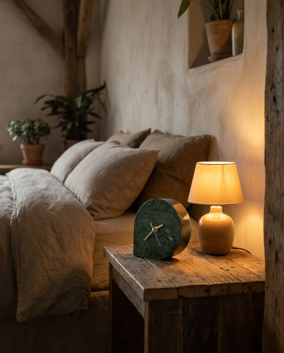 Cozy living room with a wooden table, lamp, and clock.