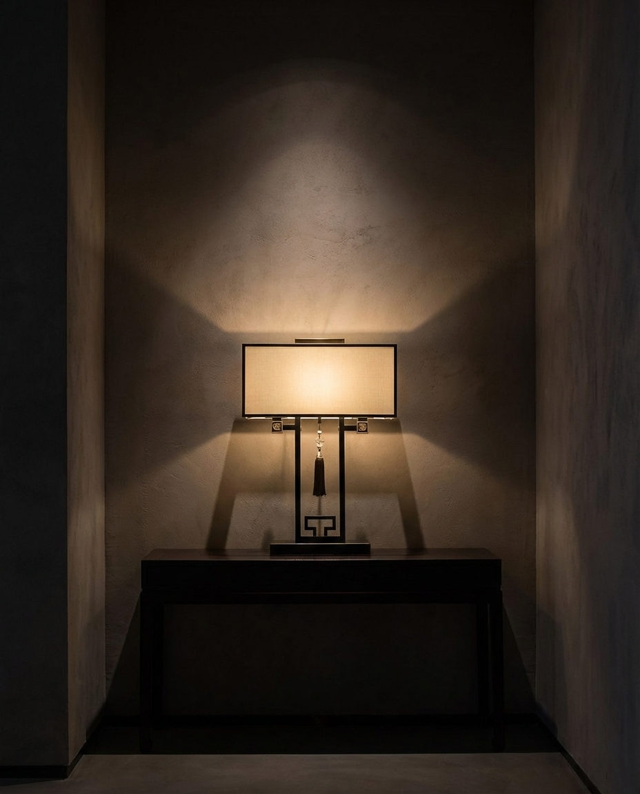 Table lamp on a dark surface casting a warm glow against a dark wall.