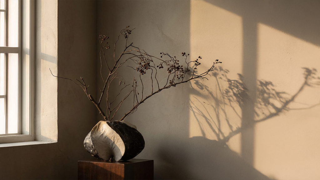 Vase with branches against a wall with sunlight casting shadows