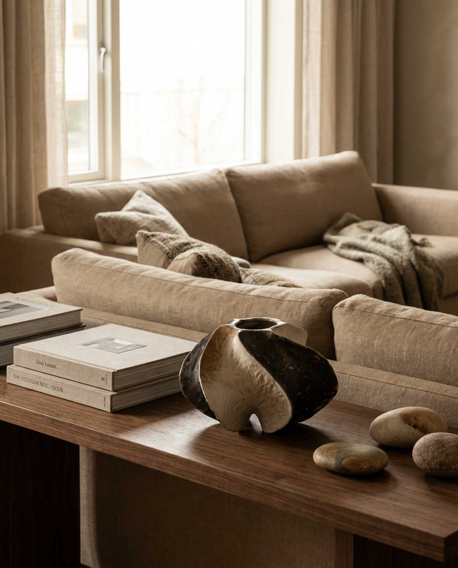 Beige sofa with decorative pillows and a wooden coffee table in a living room setting.