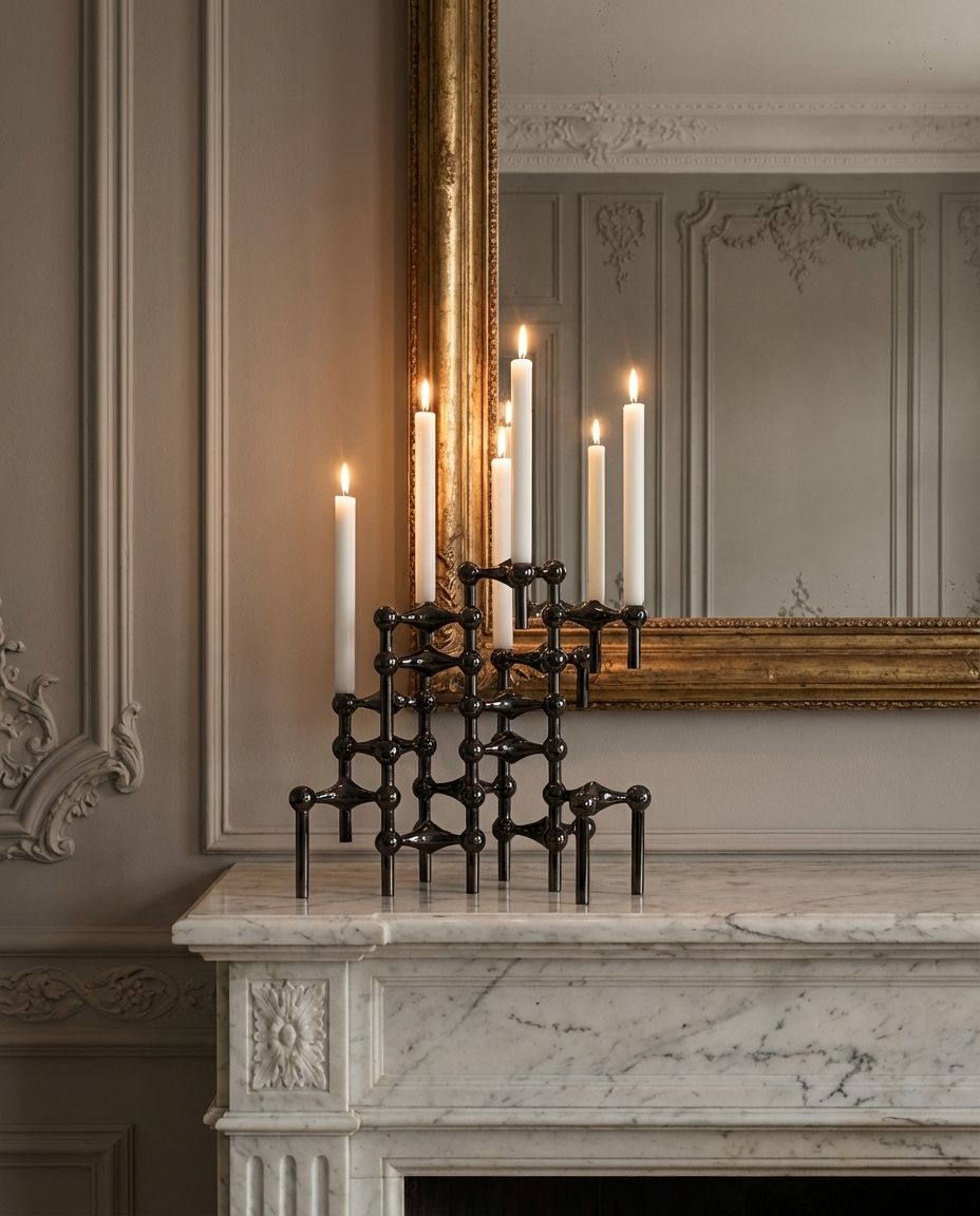 Decorative candle holders with candles on a marble mantelpiece in a room with ornate wall molding.