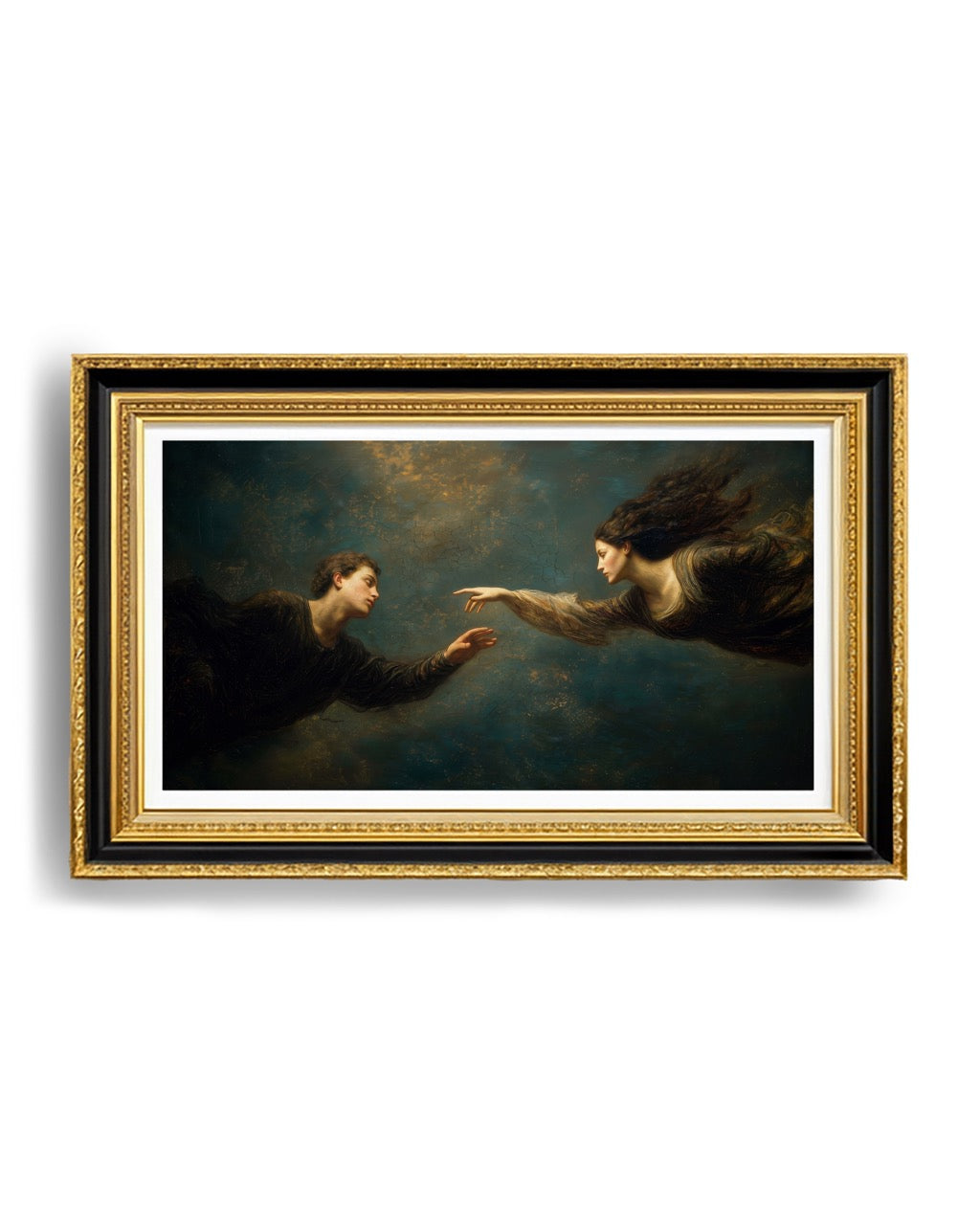 oil style landscape painting of a man reaching toward a woman in an ethereal scene, romantic figurative artwork inspired by classical frescoes, symbolising longing and emotional distance