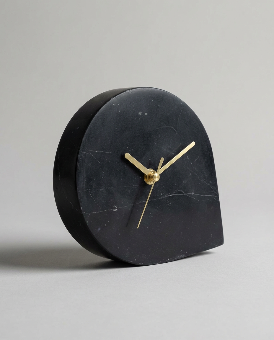 Black marble clock with gold hands on a light gray background
