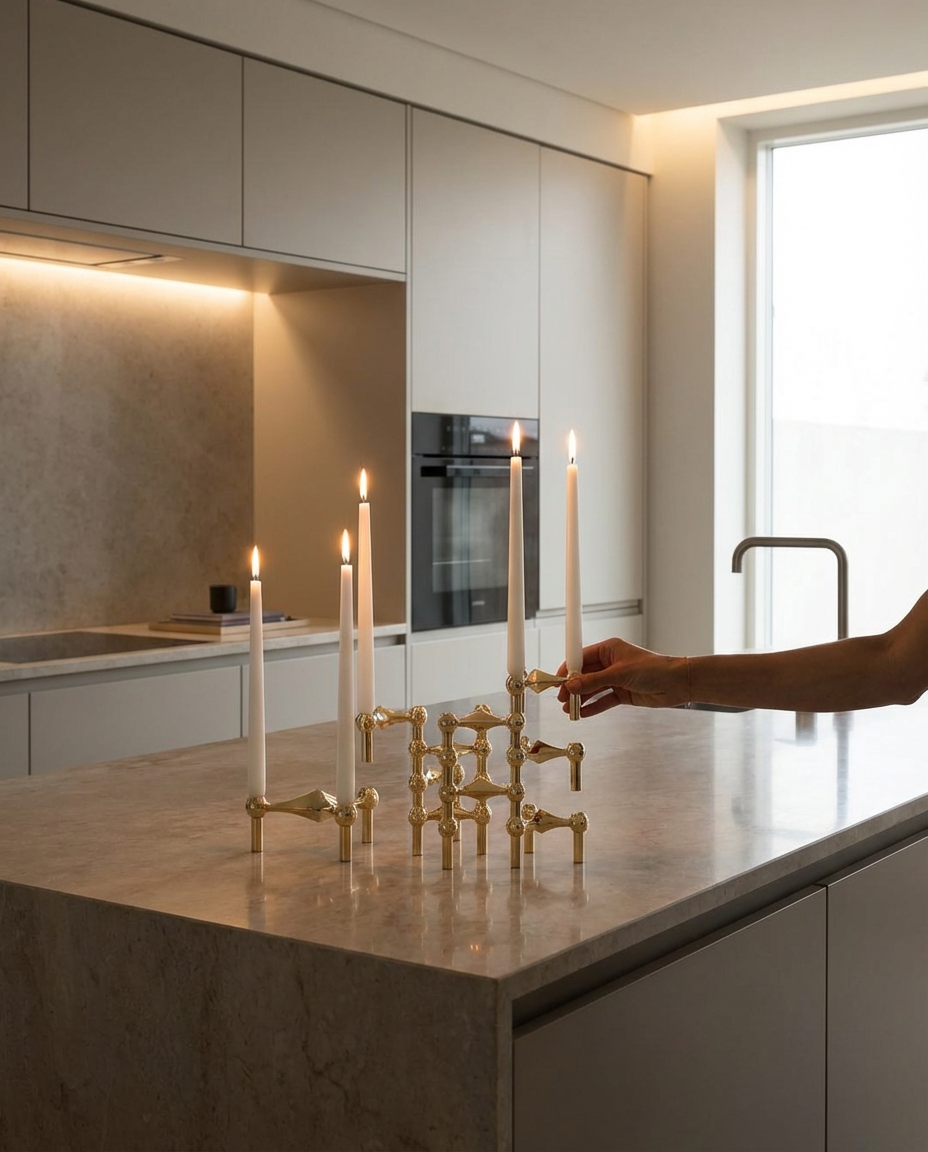 Candle holder with lit candles on a kitchen counter