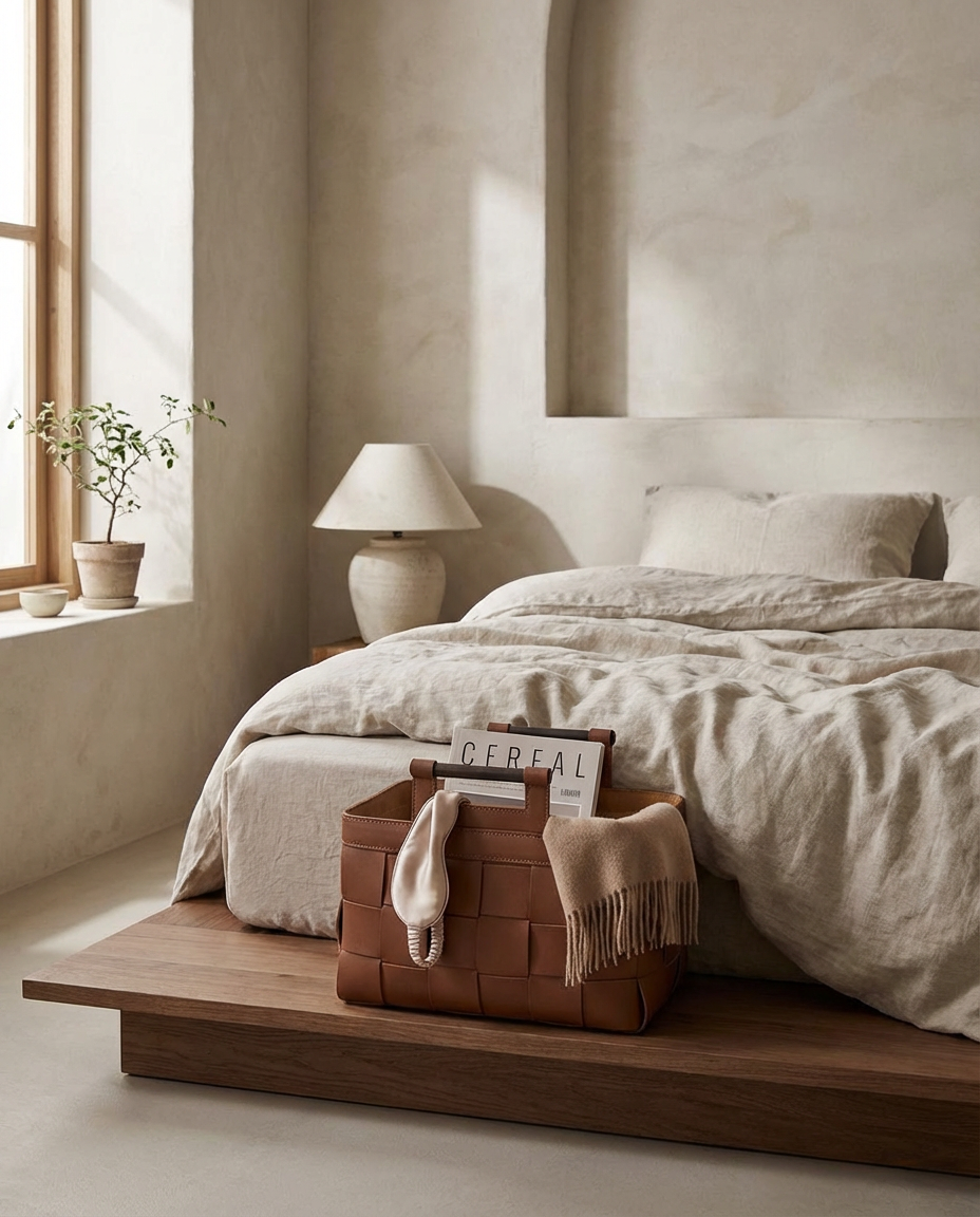 Cozy bedroom with a bed, wooden platform, and lamp.