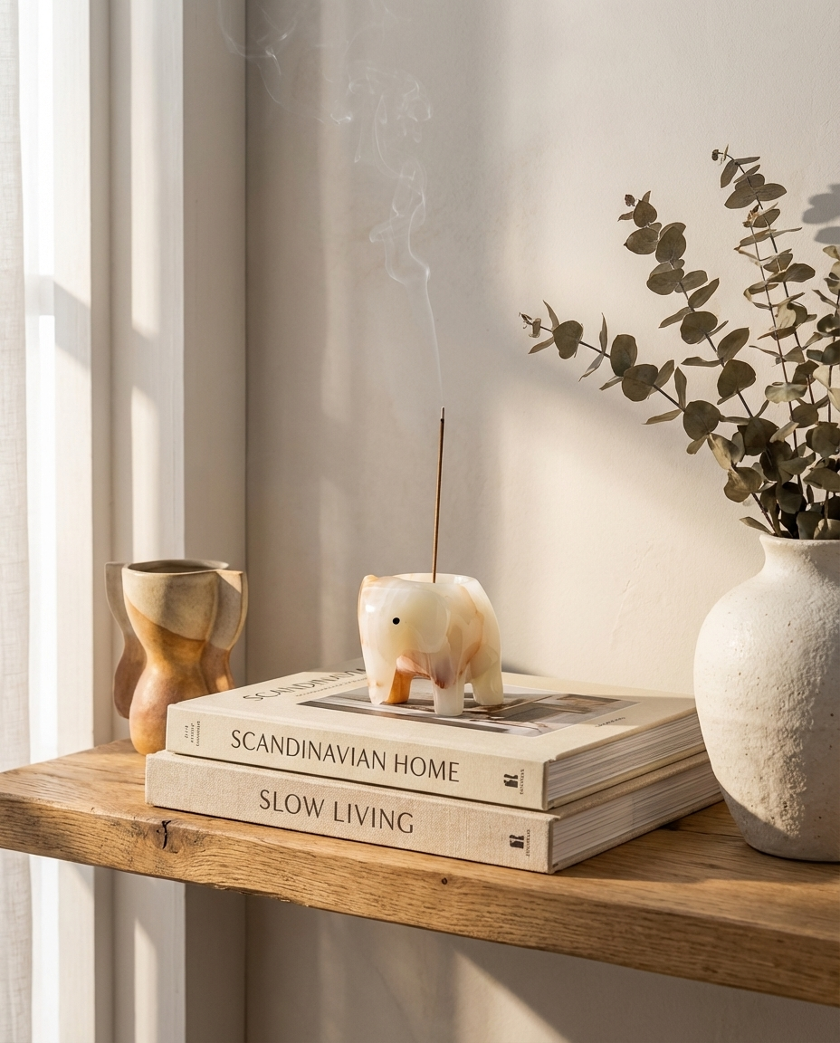 Wooden shelf with books, a candle, and a vase with greenery in a softly lit room.