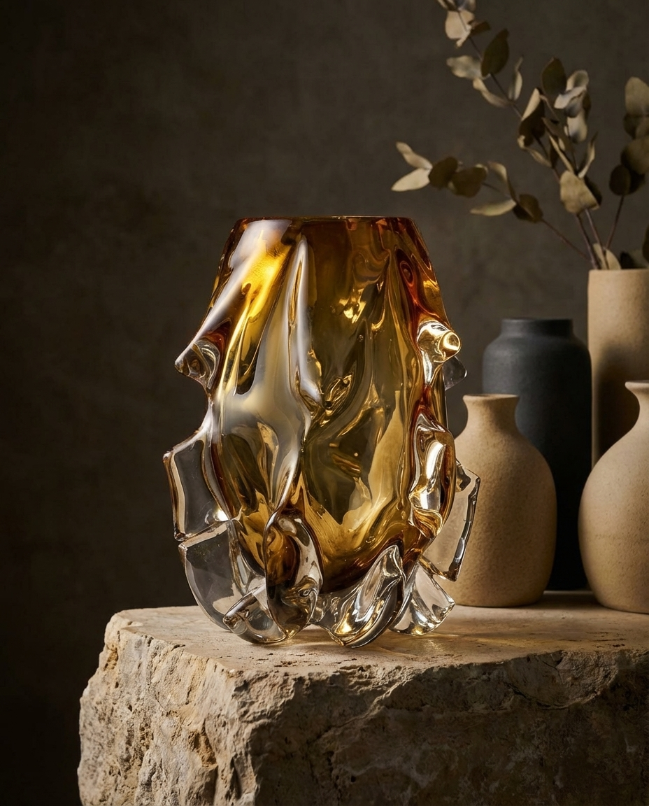 Gold glass vase on a stone surface with other vases in the background