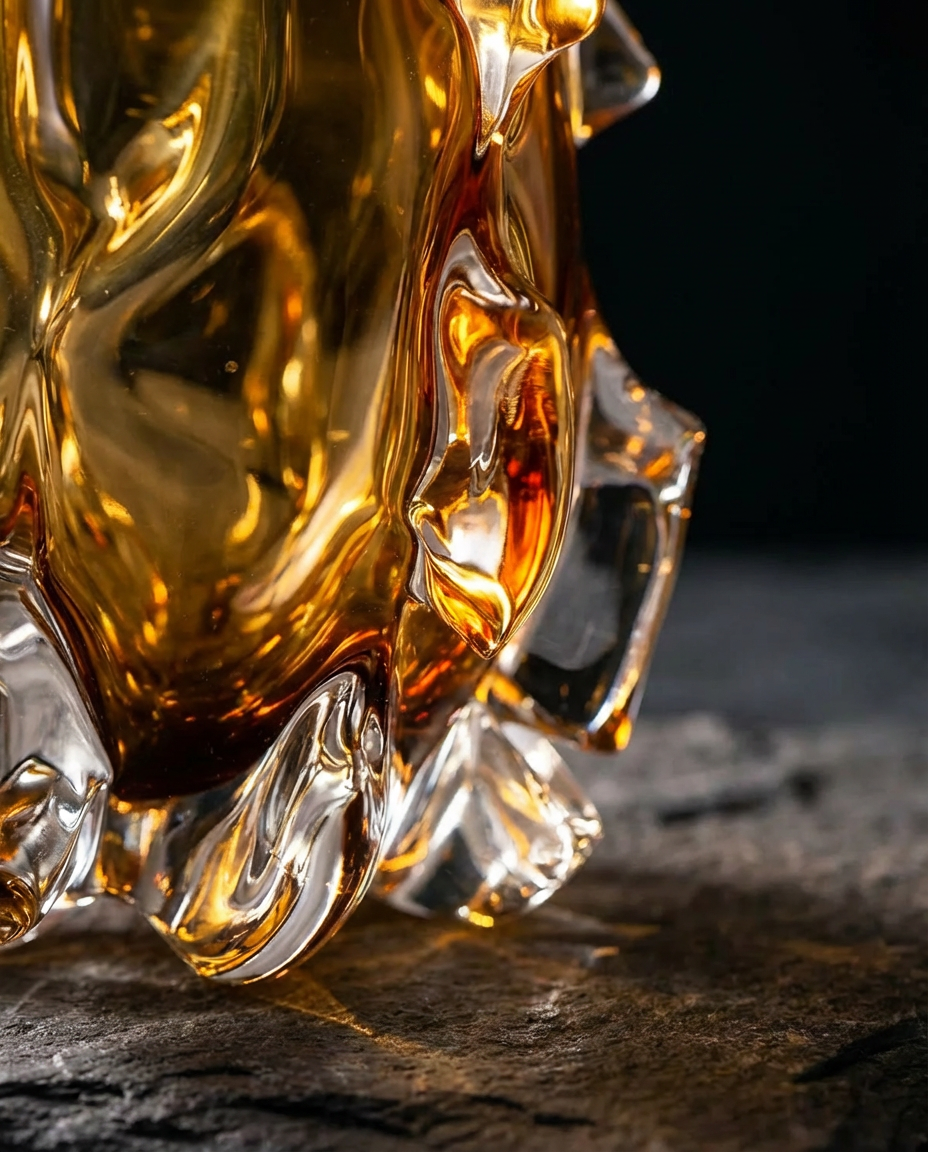 Glass mug with amber liquid on a dark surface