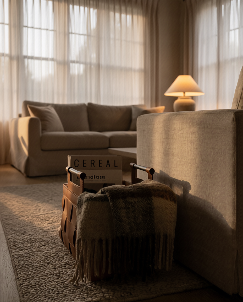 Cozy living room with beige sofa, armchair, and a small table with a box of cereal.