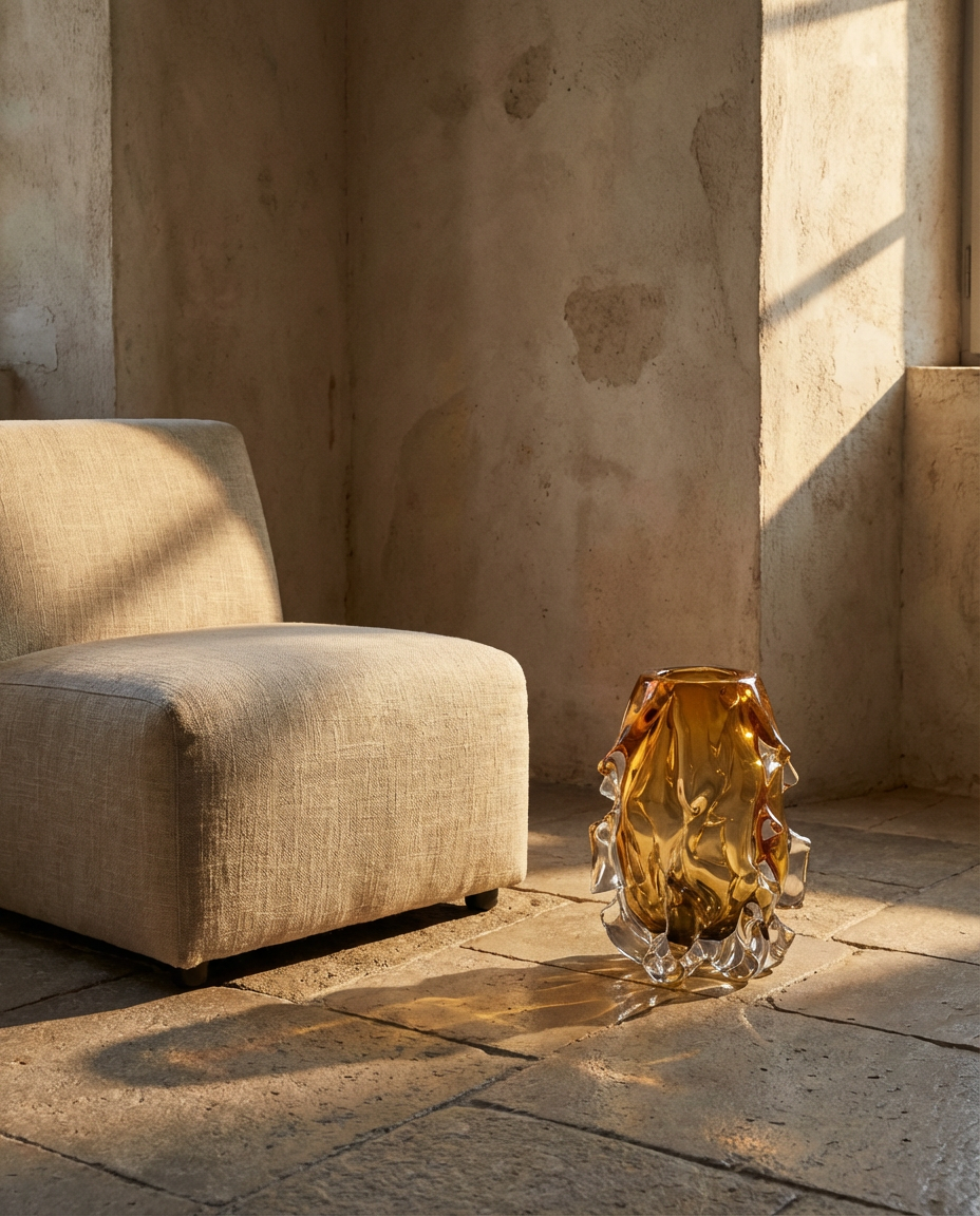 Beige armchair and glass vase on a stone floor with warm lighting