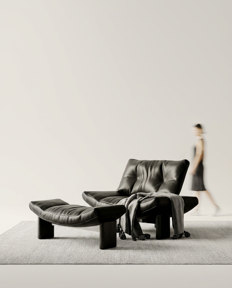Modern black leather lounge chair on a light gray floor with a blurred person in the background.