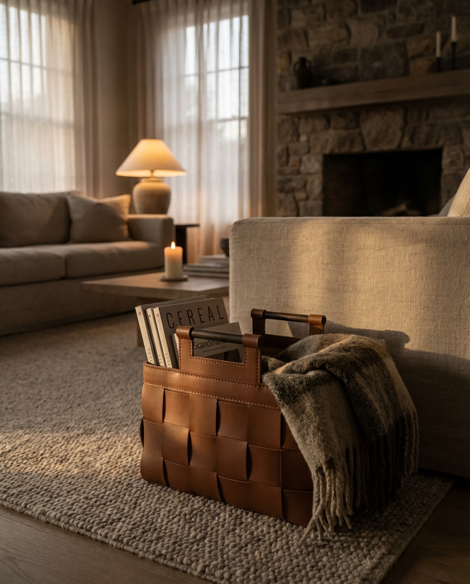 Living room with a brown leather basket, books, and a blanket on a coffee table.