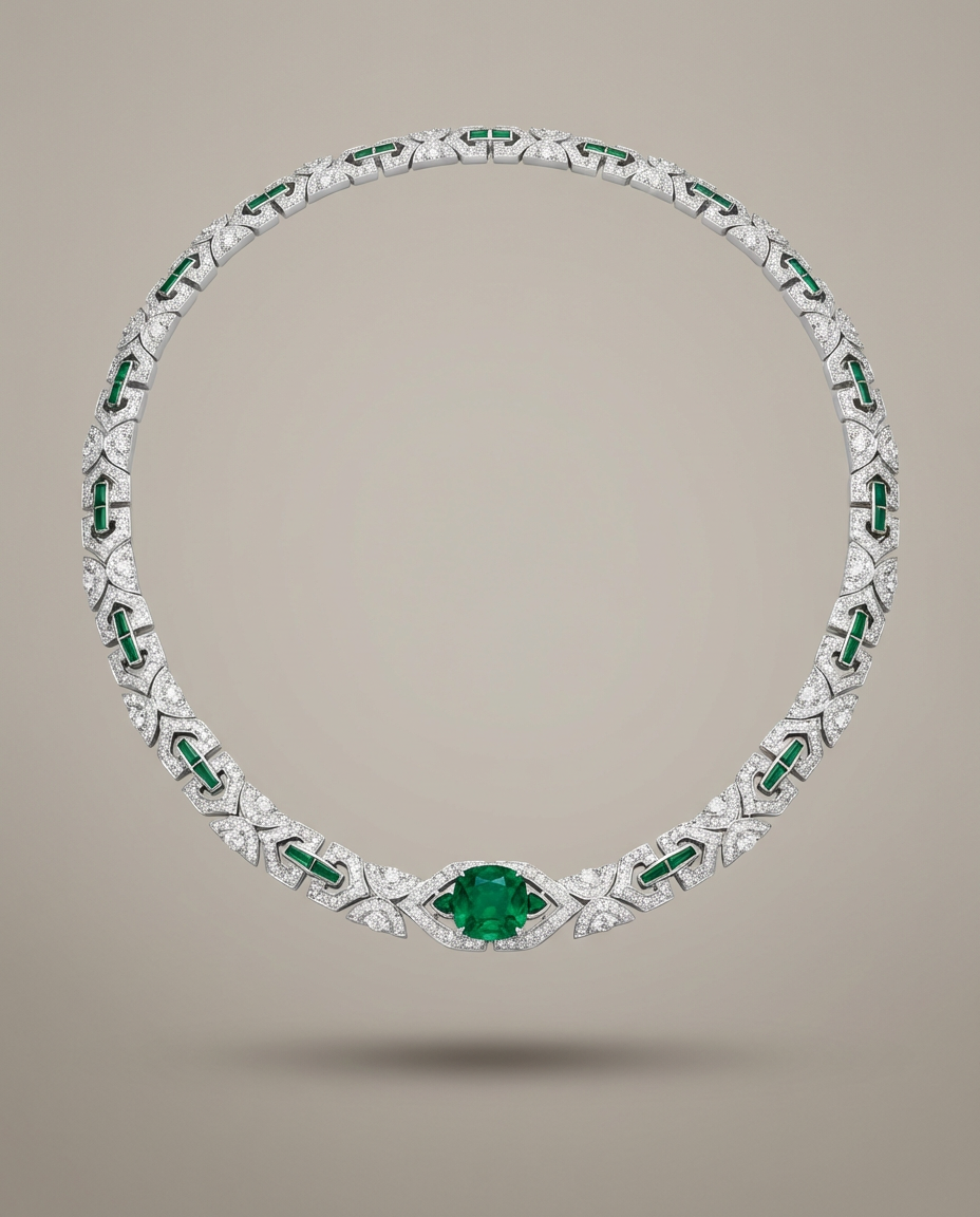 Ornate necklace with emeralds and diamonds on a beige background