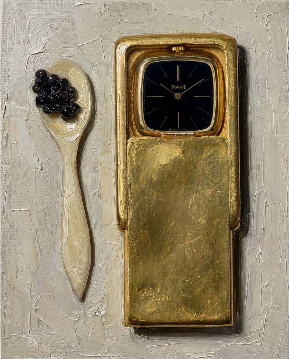 Gold Peugeot clock with a spoon containing black caviar on a textured gray background