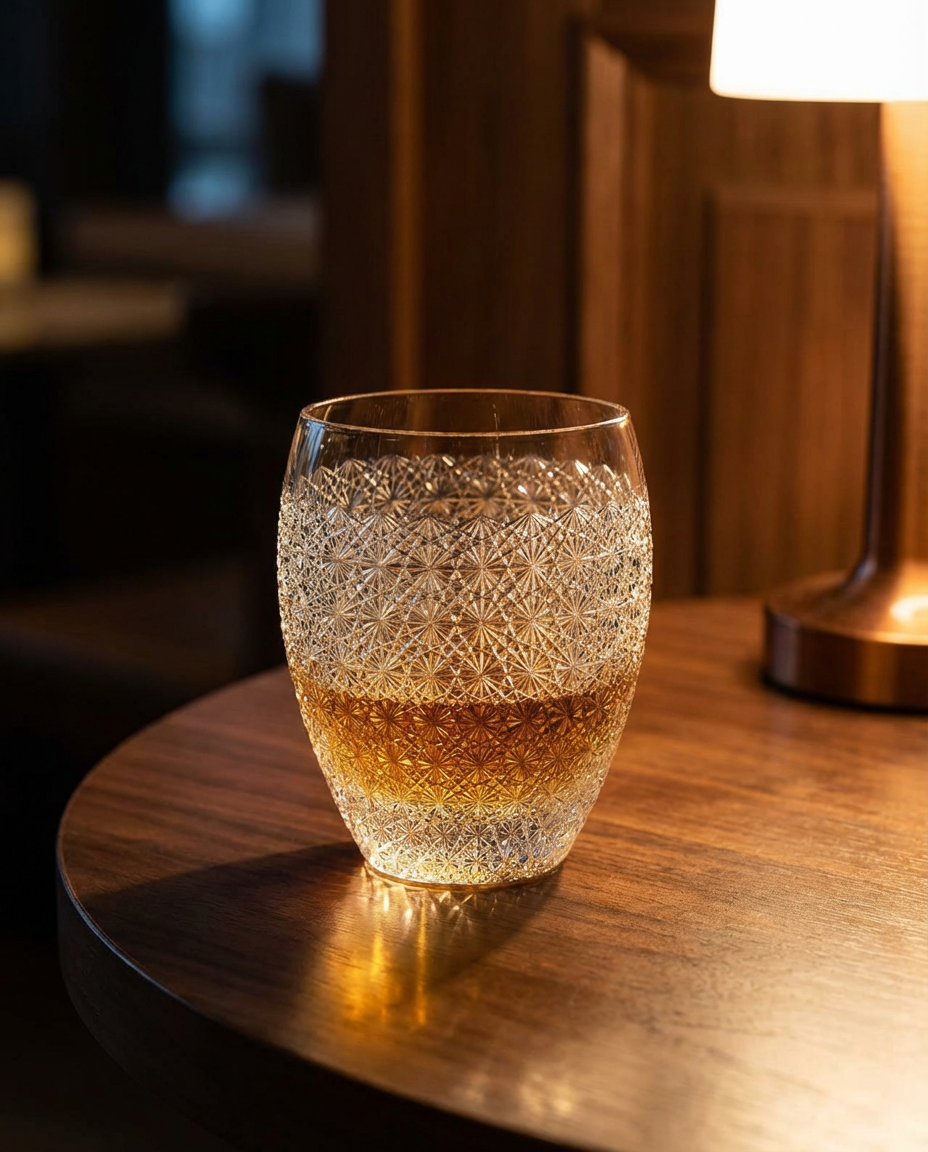 Decorative glass with etched design on a wooden table, softly lit.