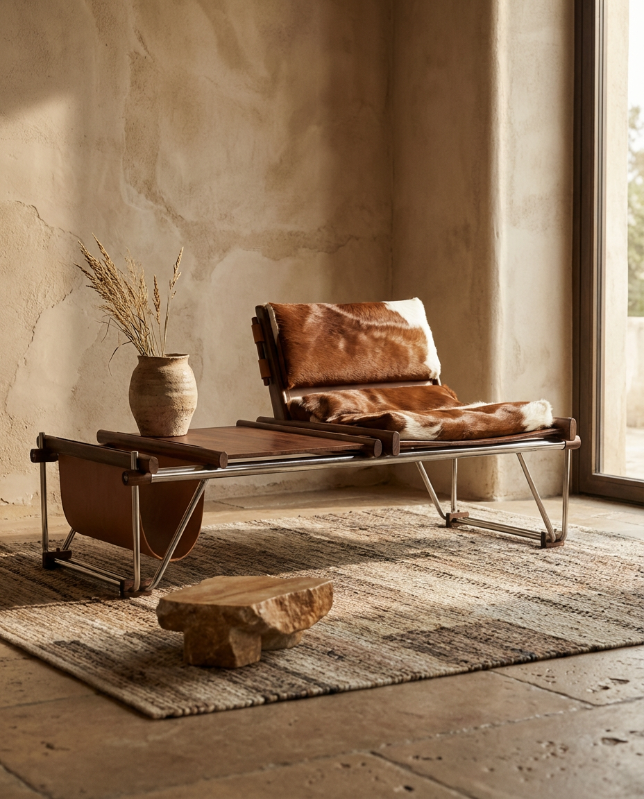 Brown leather lounge chair in a room with a textured wall and wooden floor.