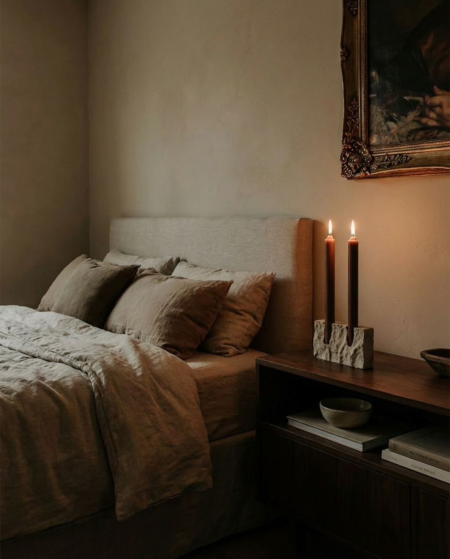 Cozy bedroom with bed, candles on a nightstand, and framed artwork.