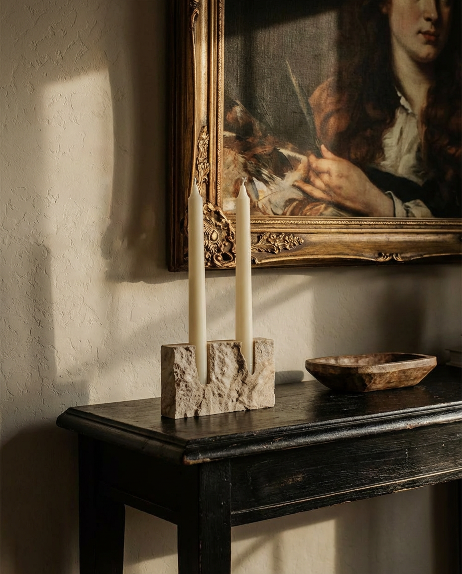 Candle holder with two candles on a wooden table in front of a framed portrait.